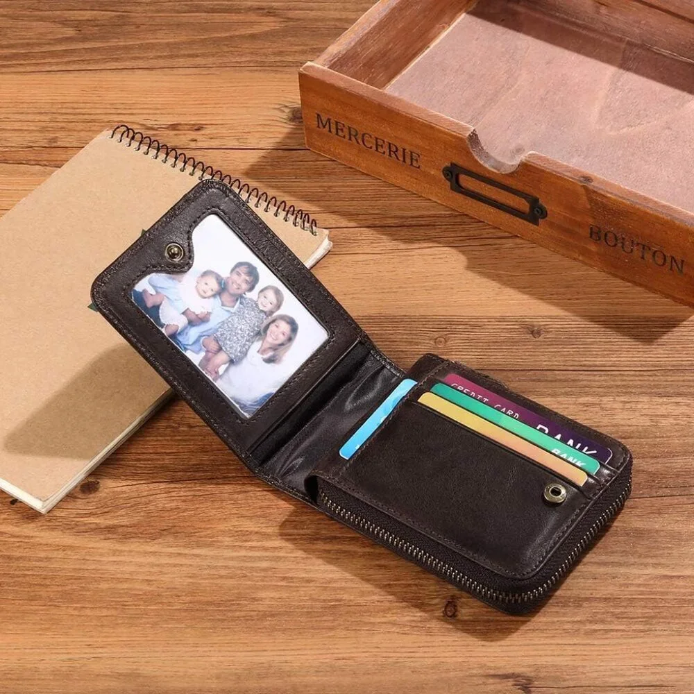 Men's A-Brown Wallets Genuine Leather Front Around Zip Pocket Credit Card